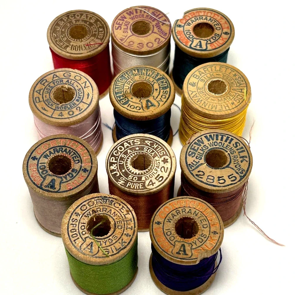 Vintage Silk‎ Thread on Wooden Spools Lot of 11